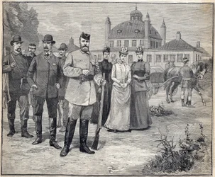Parti pour la chasse, le tsar Nicolas II de Russie (1868-1918) à Fredensborg, Danemark. Gravure dans "Le Petit Parisien" 1893