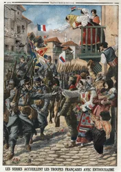 Première Guerre mondiale 1914-1918 : Les Serbes ont accueilli les troupes françaises avec enthousiasme. Gravure dans « Le Petit Journal », le 24/10/1915. Collection privée