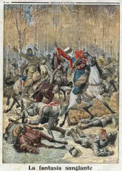 Première Guerre mondiale 1914-1918 : « La Fantaisie sanglante ». Dans les bois, une troupe de trente uhlans (cavaliers allemands avec une lance) combattue par huit spahis algériens victorieux. Gravure dans « Le Petit Journal », le 28/11/1915. Collection pr