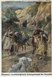 Première Guerre mondiale 1914-1918 (14-18) : des femmes du Monténégro transportent des hommes blessés à la guerre sur le dos de mulets ou sur leurs propres épaules. Gravure dans « Le Petit Journal », le 5/12/1915. Collection privée.