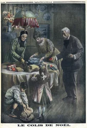 Première Guerre mondiale 1914-1918. Cadeau de Noël : Les enfants reçoivent et déballent les colis envoyés par leur père sur le champ de bataille la veille de Noël. Dans « Le Petit Journal », le 24/12/1916. Collection privée