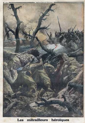 Première Guerre mondiale 1914-1918. Mitrailleurs français tirant sur des militaires allemands attaquants. Dans « Le Petit Journal », le 9/04/1916. Collection privée