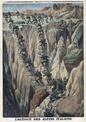 Première Guerre mondiale 1914-1918. Les soldats italiens escaladent le sommet du Cauriol dans les Alpes de Fiemme en Italie. Dans « Le Petit Journal », le 8 octobre