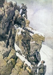 Première Guerre mondiale : chasseurs alpins italiens transportant du matériel sur un sommet des Alpes italiennes