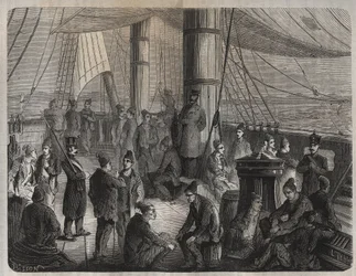 Premier convoi de forces de Toulon à Cayenne (Guyane) sous le décret du 8 décembre 1851. Gravure dans « Histoire des bagnes depuis leur création à nos jours » (1877) par Pierre Zaccone. Collection privée.