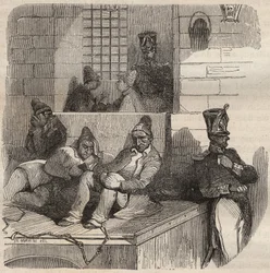 Forçat au repos au bagne de Rochefort au XIXe siècle. Gravure dans « Histoire des bagnes depuis leur création à nos jours » (1877) par Pierre Zaccone (1817-1895)