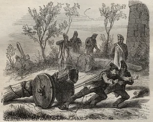 Forçats bûcherons au bagne de Toulon au XIXe siècle. Gravure dans "Histoire des bagnes depuis leur création à nos jours" (1877) par Pierre Zaccone (1817-1895). Collection privée.