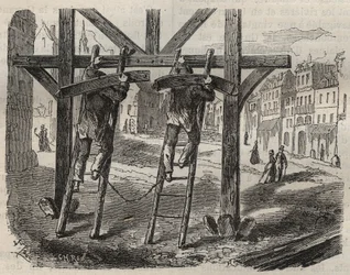 Forçats charpentiers au bagne de Toulon au XIXe siècle. Gravure dans « Histoire des bagnes depuis leur création à nos jours » (1877) par Pierre Zaccone.