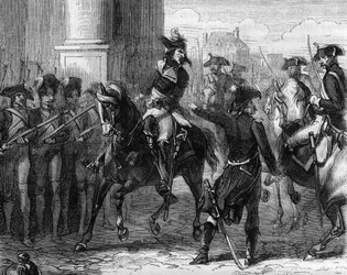 François Hanriot (1761-1794), révolutionnaire français à la porte de la convention (9 thermidor 1794) - Gravure dans « Histoire des Girondins » par Alphonse de Lamartine (1790-1869) 1865-1866 - Collection privée