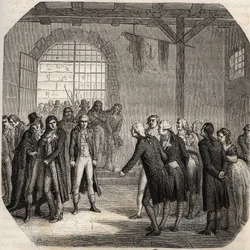Révolution française - Les Hébertistes à la Conciergerie à Paris le 23 mars 1794 - gravure dans "Histoire des Girondins" par Alphonse de Lamartine (1790-1869) 1865-1866 - Collection privée