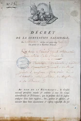 Révolution française : décret de la Convention du 11/12/1792 ordonnant à la Garde nationale de conduire le roi Louis XVI de la prison du Temple au tribunal. Paris. Préfecture de police