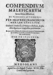 Frontispice du Compendium Maleficarum, traite des sorcières, de leurs maux et de leurs sortilèges par Francesco Maria Guazzo ou Guaccio ou Guaccius (15?? -16??) 1608