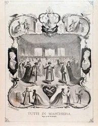Frontispice de la partition musicale de Tutti in maschera, opéra de Carlo Pedrotti