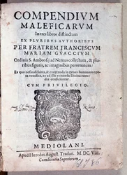 Frontispice du Compendium maleficarum par Guazzo sur la démonologie et la sorcellerie (Gravure)