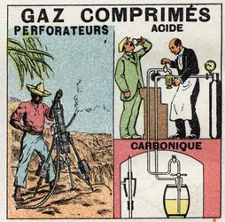 Pression des gaz : casseroles à gaz utilisées pour les perceuses à air comprimé et dans la fabrication de la bière. Illustration anonyme de 1925. Collection privée.