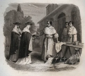 Giovanni da Fidanza connu sous le nom de Bonaventure (vers 1217-1274) (Saint Bonaventure) reçoit le chapeau de cardinal. Gravure de 1846 dans « Vies des saints ». Collection privée.