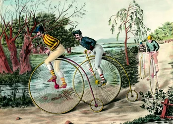 Histoire de la bicyclette : course de grand bi (grand bi). Gravure du 20e siècle. Collection privée