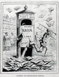 Comment le naturalisme est imposé : dessin satirique sur le roman naturaliste à propos du livre « Nana » d