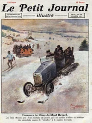 Innovation sur les voitures en montagne, des chenilles sont placées sur les roues pour éviter les dérapages. Illustration tirée de "Le petit journal" du 27/02/1921
