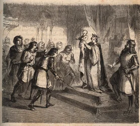 Jeanne de Flandre (1295-1374), épouse de Jean de Montfort, Duc de Bretagne (1293-1345) présente son fils, Jean IV de Bretagne, Comte de Montfort (connu sous le nom de vaillant ou le conquérant)