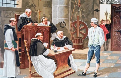 Jugement au tribunal de Genève du théologien espagnol Miguel Serveto, le condamnant à être brûlé vif pour hérésie en 1553