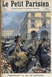 Le roi Charles Ier de Portugal (1863-1908) et le prince héritier Luís Filipe furent assassinés à Lisbonne par les républicains le 1er février 1908. Numéro du journal «Le Petit Parisien» du 16/02/1908. Collection privée.