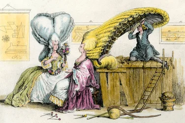 Grandes coiffures excentriques : jeunes femmes de la noblesse coiffées par une perruque. Gravure de 1788 Collection Privée