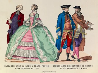 À gauche : Élégante avec une grande robe à panier, abbé mondain en 1760 / À droite : Jeunes hommes en costume de chasse et de promenade en 1760 (règne de Louis XV) - Collection privée