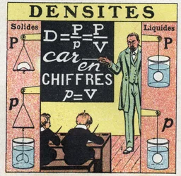 Équilibre des liquides : un professeur enseignant la densité des solides et des liquides à des élèves dans une salle de classe. Illustration anonyme de 1925.