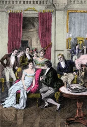 Salon littéraire : « Chez Madame Récamier ». Madame Juliette Récamier (1777-1849) entourée de personnalités littéraires et politiques : Charles Nodier (1780-1844), François René Vicomte de Chateaubriand (1768-1848), Sophie Gay (1776-1852), Benjamin