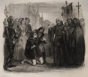Louis XI (1423-1483) demandant sa guérison à François de Paule (1416-1507) Gravure de 1846 dans « Vies des saints ». Collection privée.