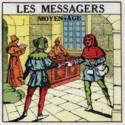 Courrier : Messagers au Moyen Âge. Illustration anonyme de 1925. Collection privée.