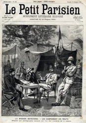 Camp de la mission Marchand : Jean-Baptiste Marchand (1863-1934), le capitaine Baratier à sa gauche et le lieutenant Victor Emmanuel Largeau (1867-1916) et le capitaine Germain à sa droite. Dans « Le Petit Parisien » du 26/12/1897. Collection privée