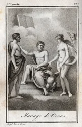 Mariage entre Mars et Vénus. Gravure de 1819 dans « Lettres à Émilie sur la mythologie » de Charles Albert Demoustier (1760-1801). Collection privée.