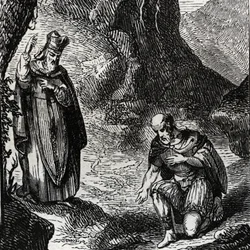 Martial de Limoges ou saint Martial (IIIe siècle) convertissant le chef du peuple celte des Lémovices - Gravure de 1846 dans « Vies des saints ». Collection privée.