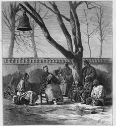 Missionnaire enseignant la doctrine catholique dans la province du Henan, Chine. Gravure dans Les Missions Catholiques au XIXe siècle par Louis-Eugène Louvet. Collection privée.