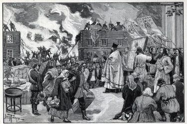 Moscou, incendie dans le faubourg de Kaluga : le clergé orthodoxe présentant les Saintes Images (Saintes Images) pour tenter de protéger la ville et les pompiers combattant le feu. Gravure dans "Le monde illustré" de 1892. Collection privée.