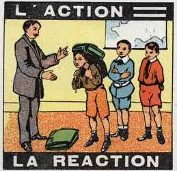 Mouvements: action, réaction. Un garçon portant son sac. Illustration anonyme de 1925. Collection privée