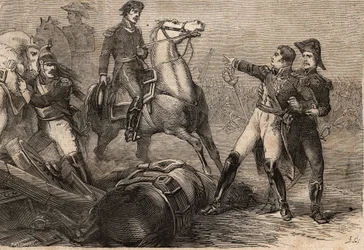 Guerres napoléoniennes 1813-15 - Bataille de Ligny (Belgique), le 16 juin 1815 - Mort de Jean-Baptiste Girard - La mort du général Girard. Bataille de Ligny (16 juin 1815) : blessé sur le champ de bataille, le général Girard (1775-1815), rapatrié à Paris, 