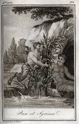 Pan et la nymphe Syrinx transformée en roseaux. Gravure de 1819 dans "Lettres à Émilie sur la mythologie" par Charles Albert Demoustier (1760-1801). Collection privée.