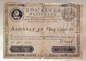 Billet émis pendant la Révolution française : une assignation de 500 livres de 1790. Collection privée
