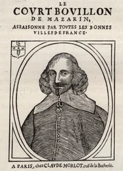 Pamphlets politiques Mazarinade (pamphlet politique sous la Fronde), image populaire contre Mazarin à propos de sa retraite à Bouillon (Le court bouillon de Mazarin). Collection privée.