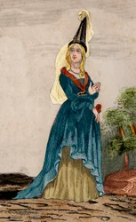 Portrait de Jeanne de Flandre (1295-1374), épouse de Jean de Montfort, duc de Bretagne (1293-1345). Gravure de 1859 dans "Le Monde. Histoire de tous les peuples depuis les temps les plus reculés jusqu