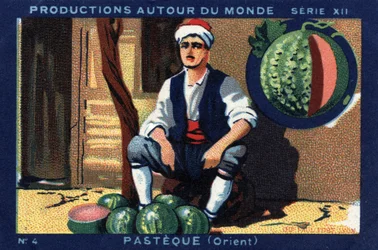 Productions autour du monde : pastèque en Orient. Chromolithographie de 1933 dans "Album Joseph-Milliat".