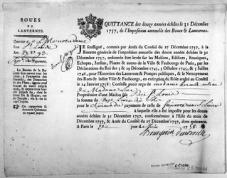 Reçu du Bureau des Revenus concernant le paiement des taxes pour la boue et les lanternes, daté de décembre 1757
