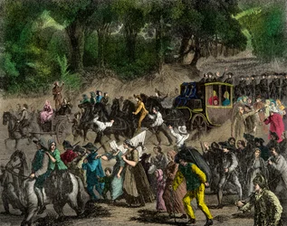 Retour de la famille royale à Paris après sa fuite à Varennes en 1791. Gravure. Collection privée