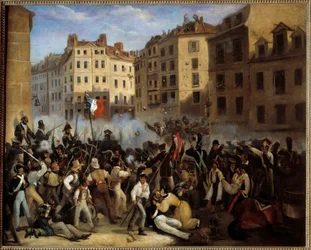 Révolution de 1830 - "La Charte ou la Mort" (bataille du 28 juillet, probablement rue Saint-Antoine) - "Épisode des Trois Glorieuses 1830". Révolution de 1830. Peinture anonyme