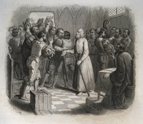 Saint Nicolas de Flue ou Frère Klaus (1417-1487), ermite suisse réconciliant les confédérés suisses sur le point de déclencher la guerre civile. Gravure de 1846 dans « Vies des saints ». Collection privée.