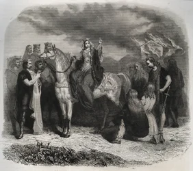 Sainte Radegonde (Radegonde de Poitiers, 519-587) brûle un temple païen et convertit les Gaulois à la religion chrétienne. Gravure de 1846 dans « Vies des saints ». Collection privée.