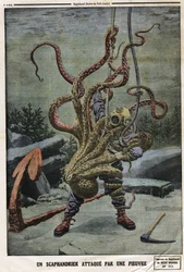 Scaphandrier attaqué par une pieuvre. Gravure dans "Le Petit Journal", le 16/06/1912. Collection privée.